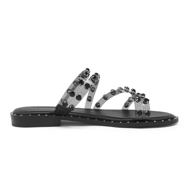 Clear Studded Rhinestone Flat Sandals - BLACK CLEAR RHINESTONE - 2